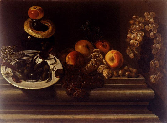 Still Life of Fruits and a Plate of Olives, vintage artwork by Juan Bautista de Espinosa, 12x8" (A4) Poster