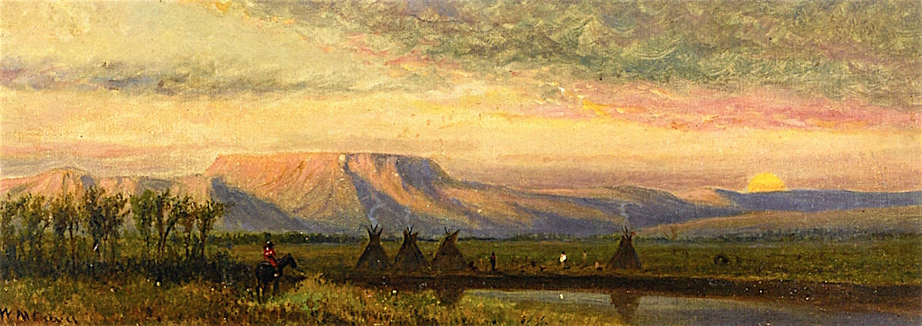 Sunset beyond an Indian Encampment with Teepees, vintage artwork by William de la Montagne Cary, 12x8" (A4) Poster