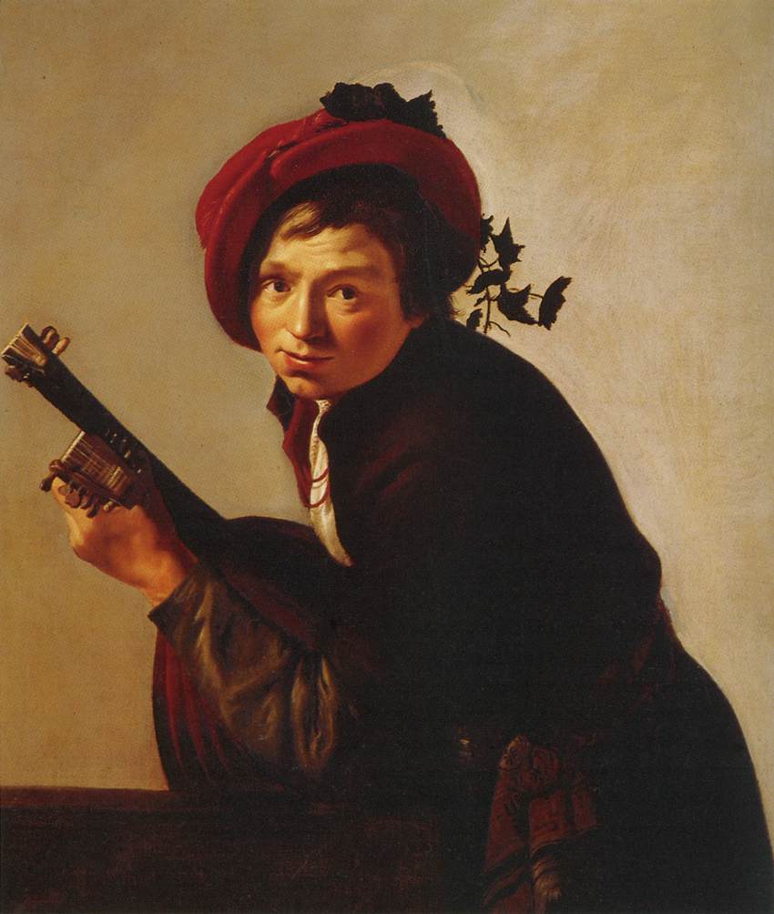 Young Man Playing the Lute, vintage artwork by Jan van Bijlert, 12x8" (A4) Poster