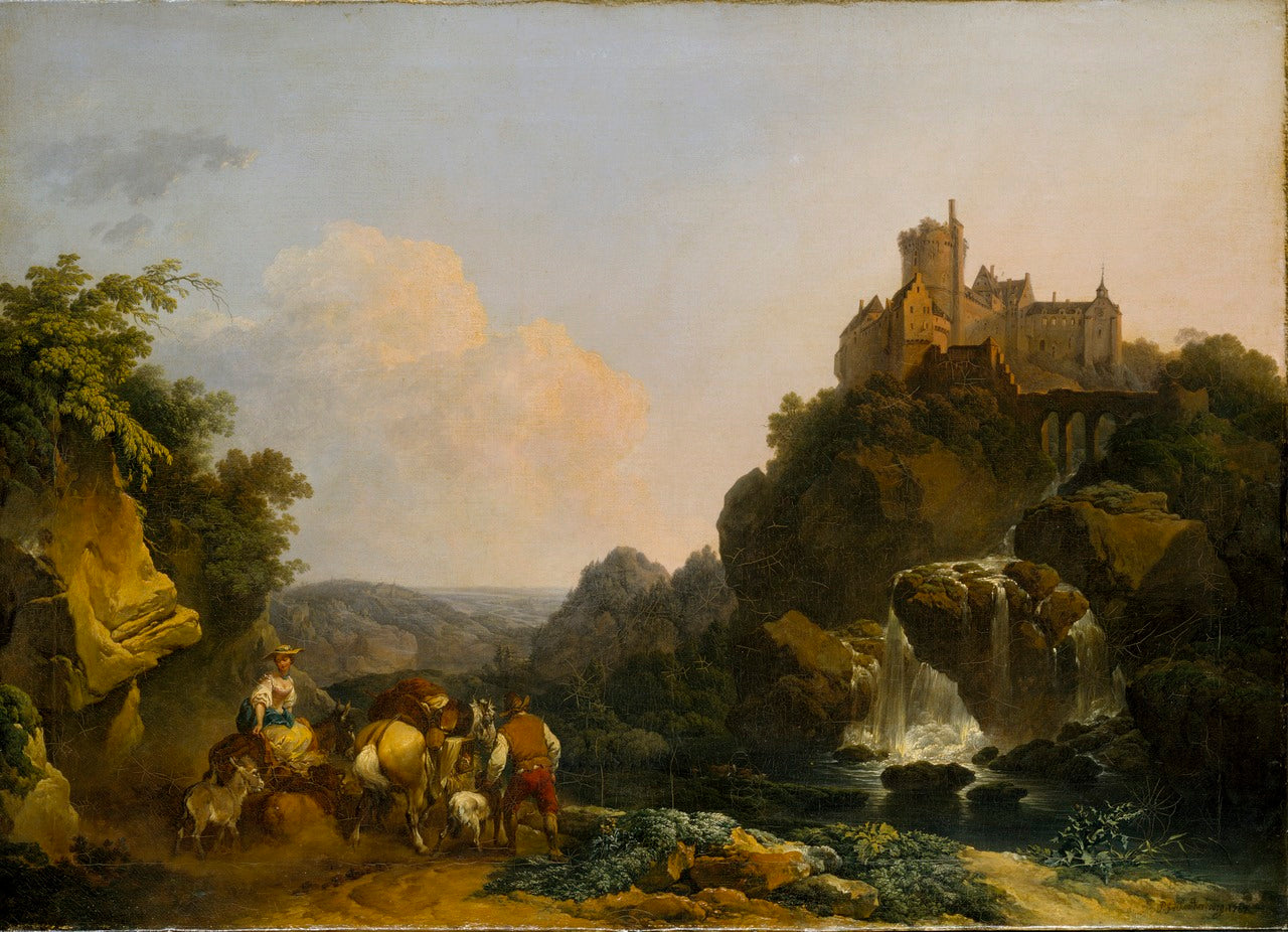 Landscape with Waterfall, Castle and Peasants, vintage artwork by Philippe-Jacques de Loutherbourg, 12x8" (A4) Poster