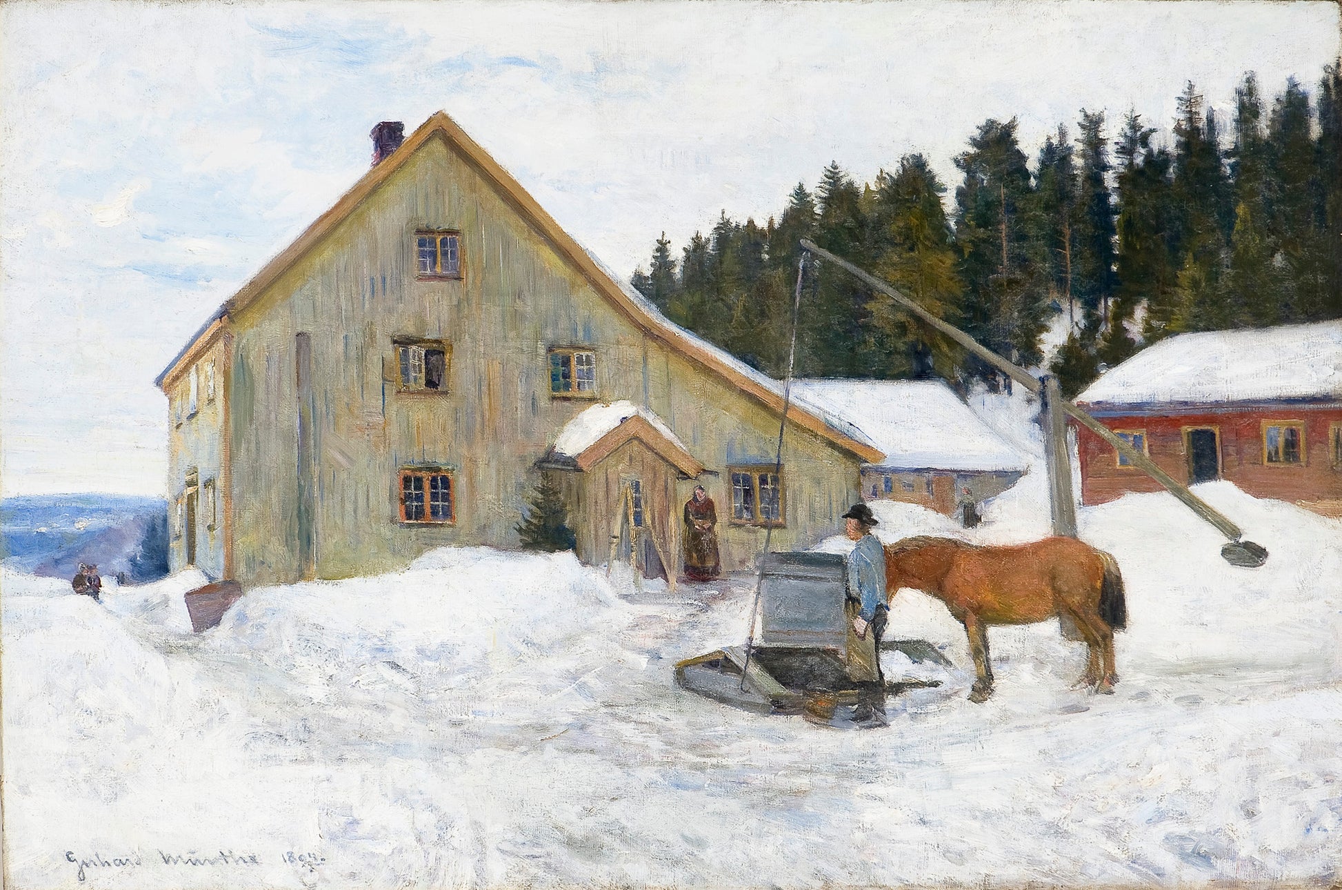 Farmyard, winter, vintage artwork by Gerhard Munthe, 12x8" (A4) Poster