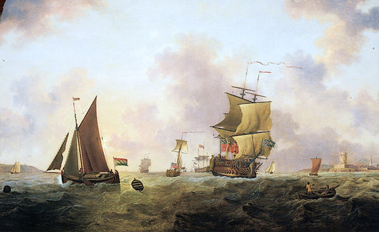 A Two-Decker of the Royal Navy and Other Shipping off St. Peter Port, Guernsey, vintage artwork by Francis Swaine, 12x8" (A4) Poster