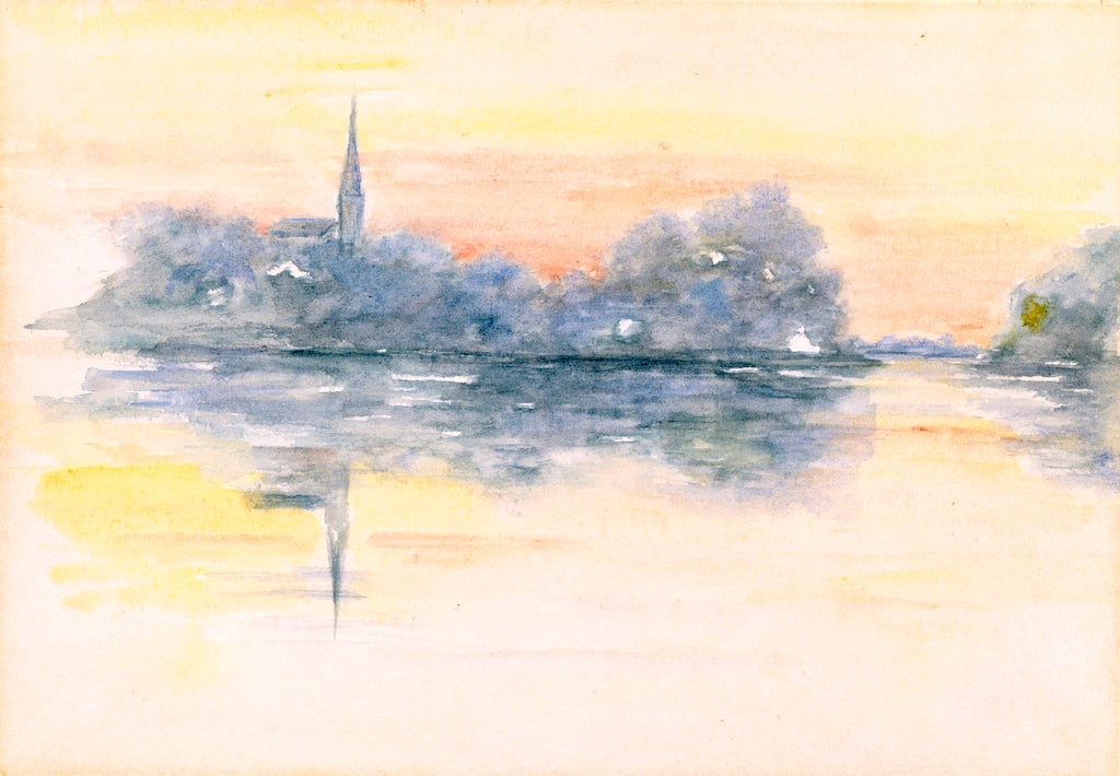 Church and Lake, vintage artwork by Henry Bacon, 12x8" (A4) Poster