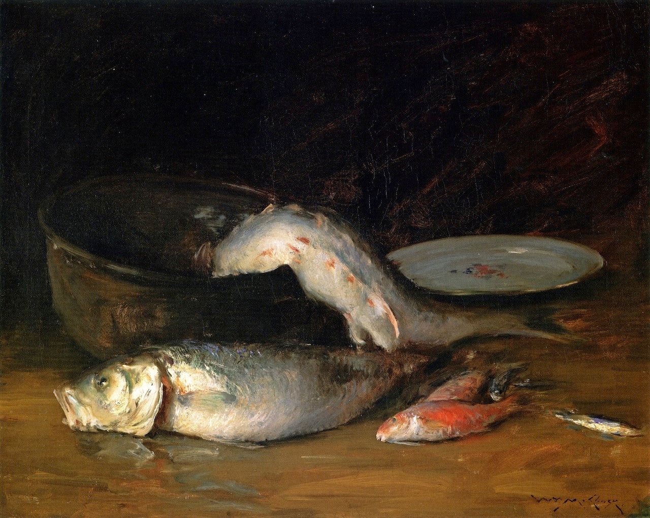 Big Copper Kettle and Fish, vintage artwork by William Merritt Chase, 12x8" (A4) Poster