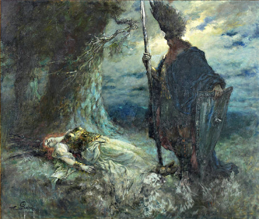 Wotan and the Sleeping Brunhilde, vintage artwork by Ferdinand Leeke, 12x8" (A4) Poster