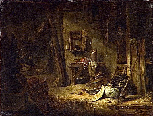 Interior of Rustic Kitchen, vintage artwork by Willem Kalf, 12x8" (A4) Poster
