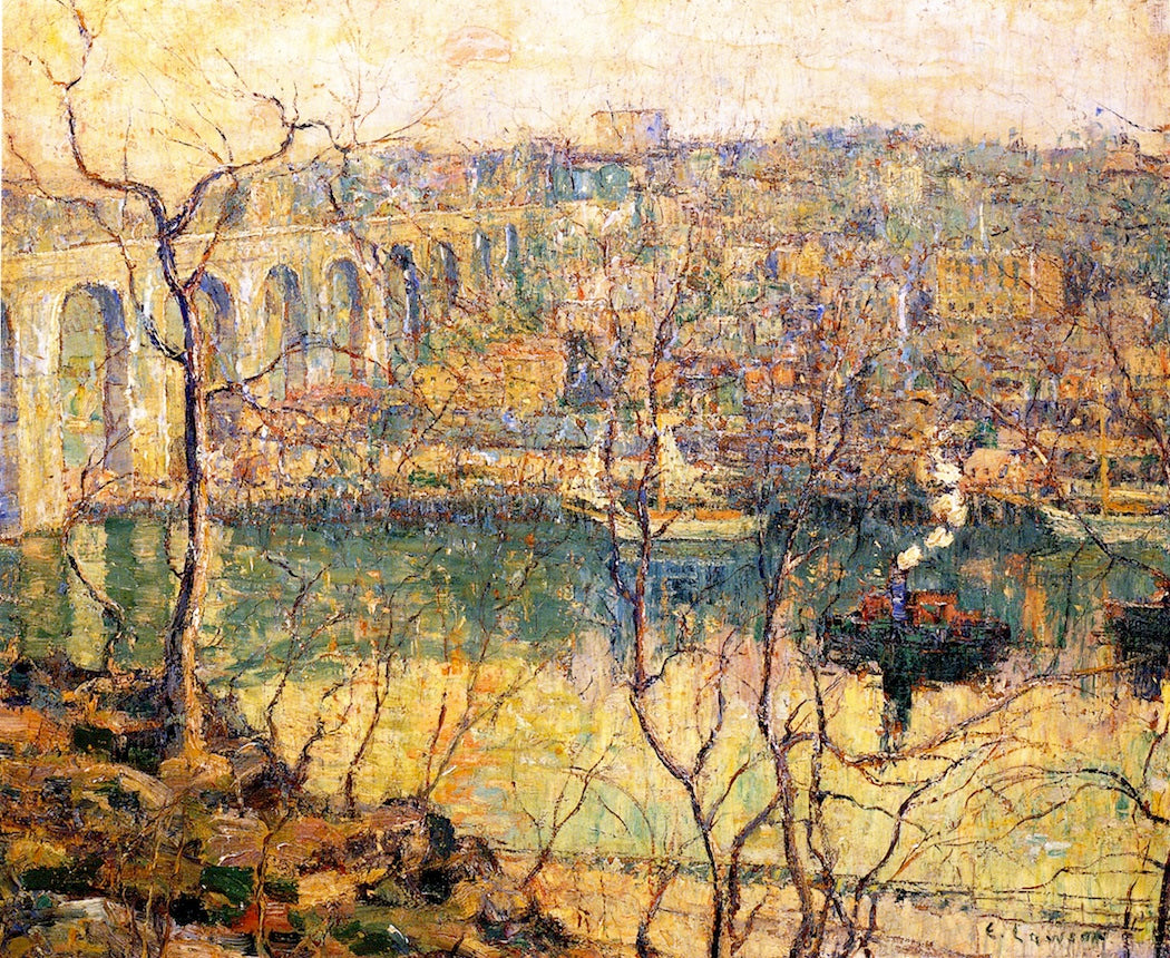 High Bridge - Early Moon, vintage artwork by Ernest Lawson, 12x8" (A4) Poster