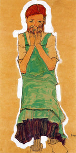 Girl with Green Pinafore, vintage artwork by Egon Schiele, 12x8" (A4) Poster