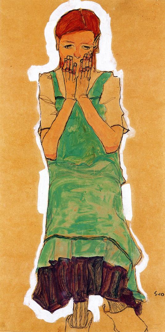 Girl with Green Pinafore, vintage artwork by Egon Schiele, 12x8