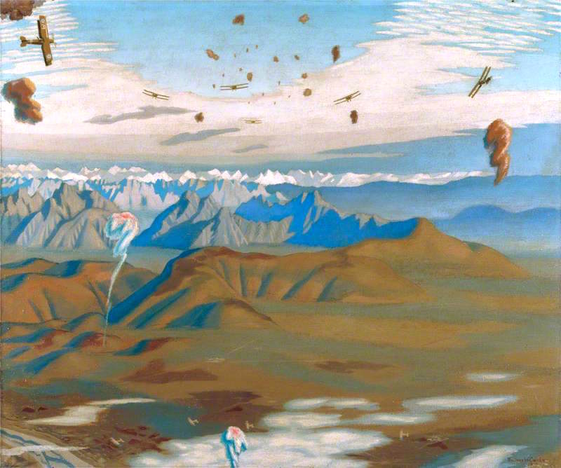 Among the Anti-Aircraft Bursts at 20,000 Feet above the Alps, vintage artwork by Sydney William Carline, 12x8" (A4) Poster