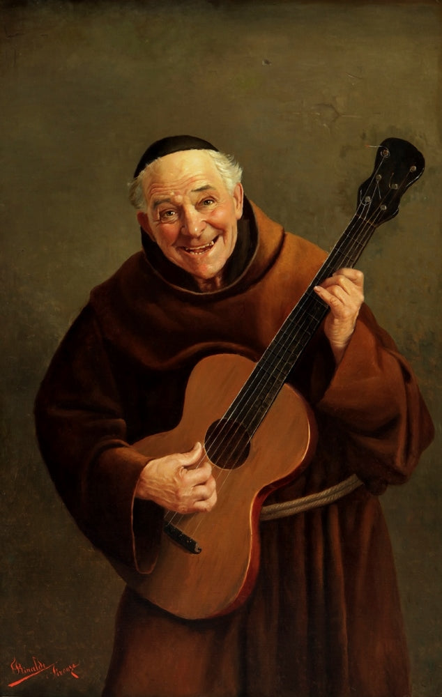 Portrait of a Monk Playing the Guitar, vintage artwork by Claudio Rinaldi, 12x8" (A4) Poster