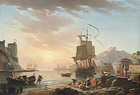 Marine; Soleil couchant (Marine Sunset), vintage artwork by Claude-Joseph Vernet, 12x8" (A4) Poster