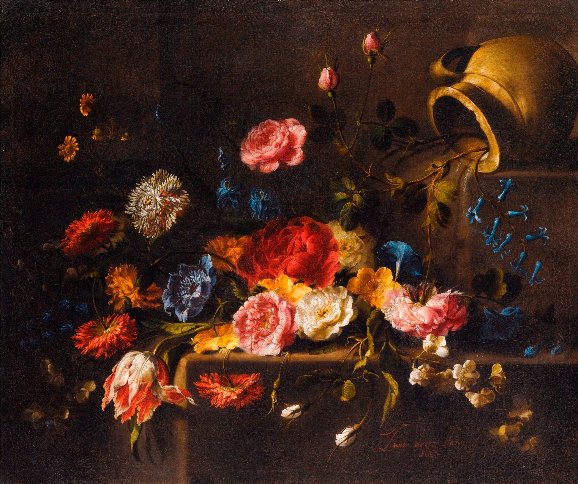 Lilies, Roses Peonies, Pinks, Iris, a Tulip and other Flowers on a Stone Ledge, vintage artwork by Juan de Arellano, 12x8" (A4) Poster