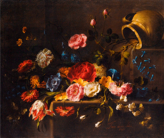 Lilies, Roses Peonies, Pinks, Iris, a Tulip and other Flowers on a Stone Ledge, vintage artwork by Juan de Arellano, 12x8" (A4) Poster