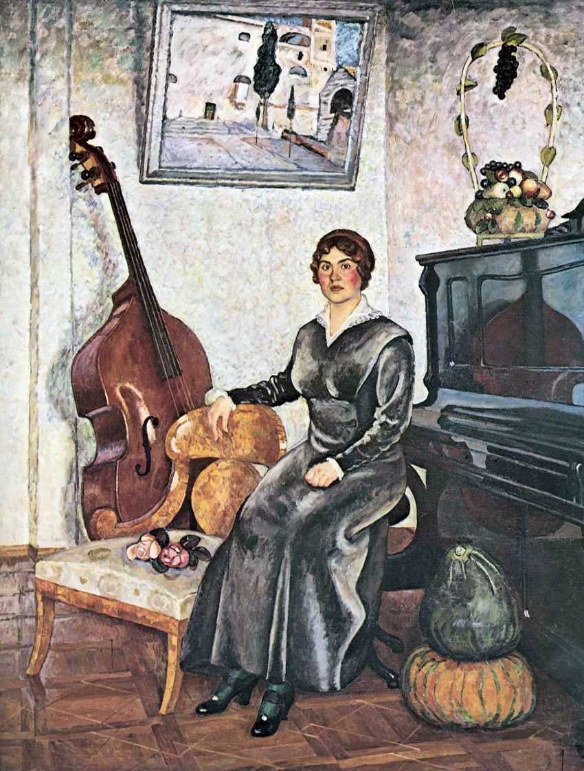 Lady with a Contrabass, vintage artwork by Ilya Mashkov, 12x8" (A4) Poster