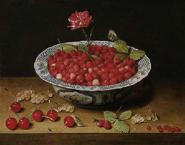 Wild Strawberries and a Carnation in a Wan-Li Bowl, vintage artwork by Jacob van Hulsdonck, 12x8" (A4) Poster