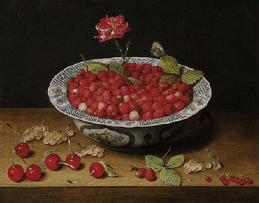Wild Strawberries and a Carnation in a Wan-Li Bowl, vintage artwork by Jacob van Hulsdonck, 12x8" (A4) Poster