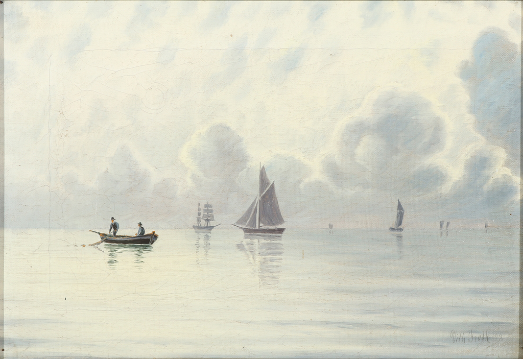Seascape with sailing ships and dinghy, vintage artwork by Vilhelm Groth, 12x8" (A4) Poster