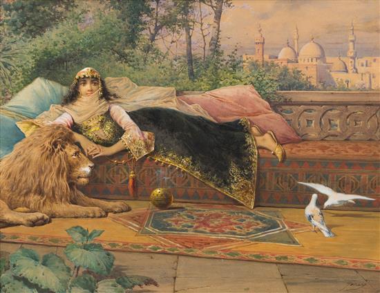 Woman with Lion, vintage artwork by Giuseppe Ferrari, 12x8" (A4) Poster