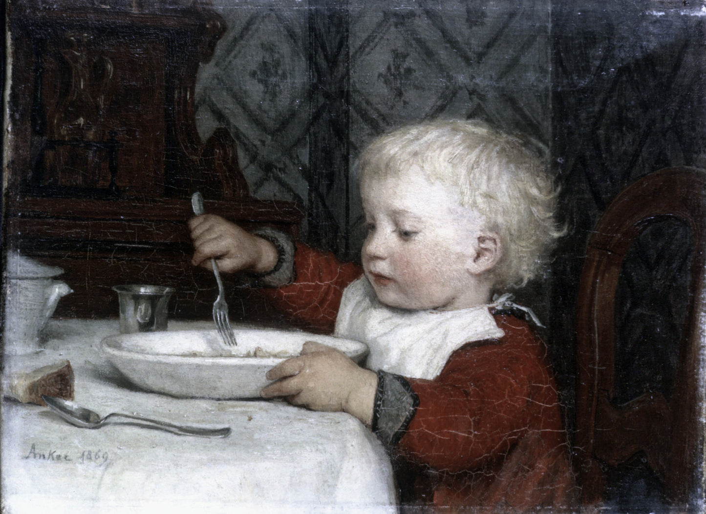 Child at Table, Rudi Anker, vintage artwork by Albert Anker, 12x8" (A4) Poster