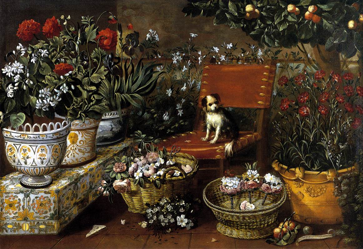 Garden View with a Puppy, vintage artwork by Tomàs Yepes, 12x8" (A4) Poster