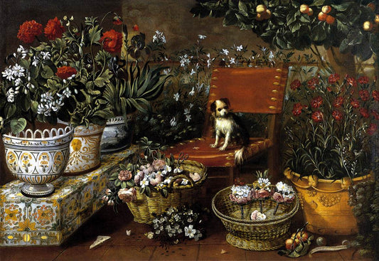 Garden View with a Puppy, vintage artwork by Tomàs Yepes, 12x8" (A4) Poster