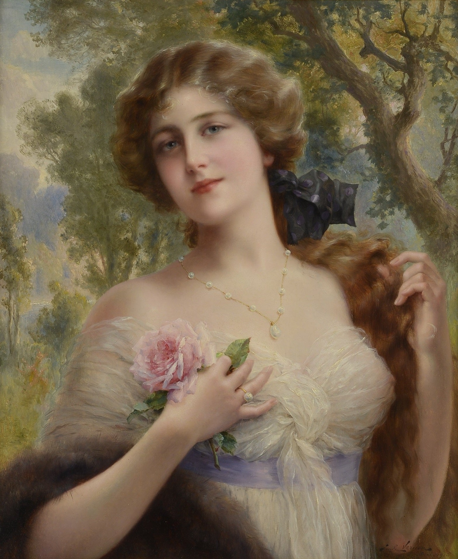 Young lady with rose, vintage artwork by Emile Vernon, 12x8" (A4) Poster