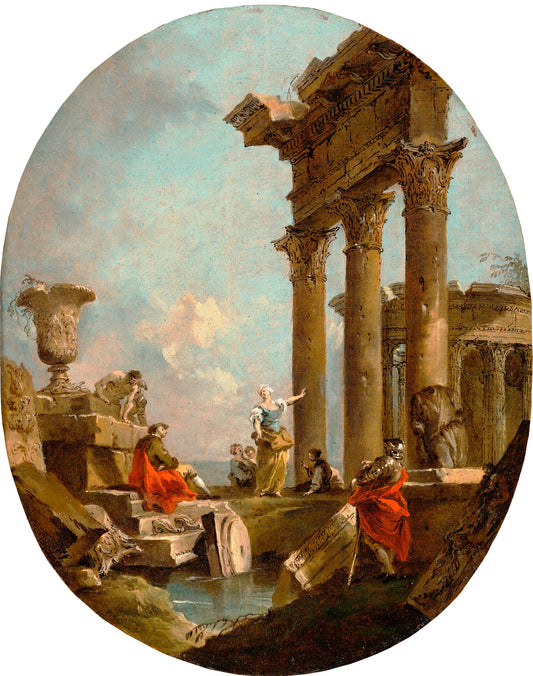 Architectural capriccio with figures among classical ruins, vintage artwork by Francesco Guardi, 12x8" (A4) Poster