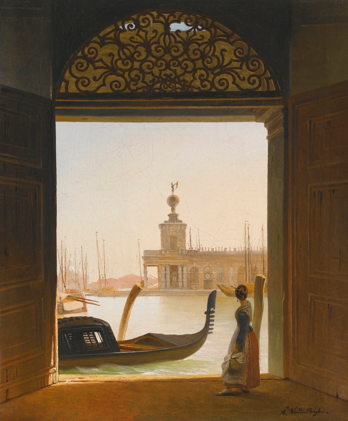 Venice, a view of the Dogana seen through a large doorway, vintage artwork by Charles-Auguste van den Berghe, A3 (16x12") Poster Print