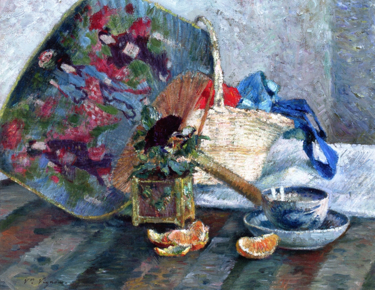 Still Life with Japanese Fan, vintage artwork by Victor Vignon, 12x8" (A4) Poster