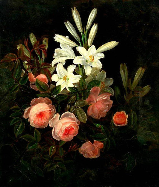 Roses and lilies, vintage artwork by Johan Laurentz (J.L.) Jensen, A3 (16x12") Poster Print