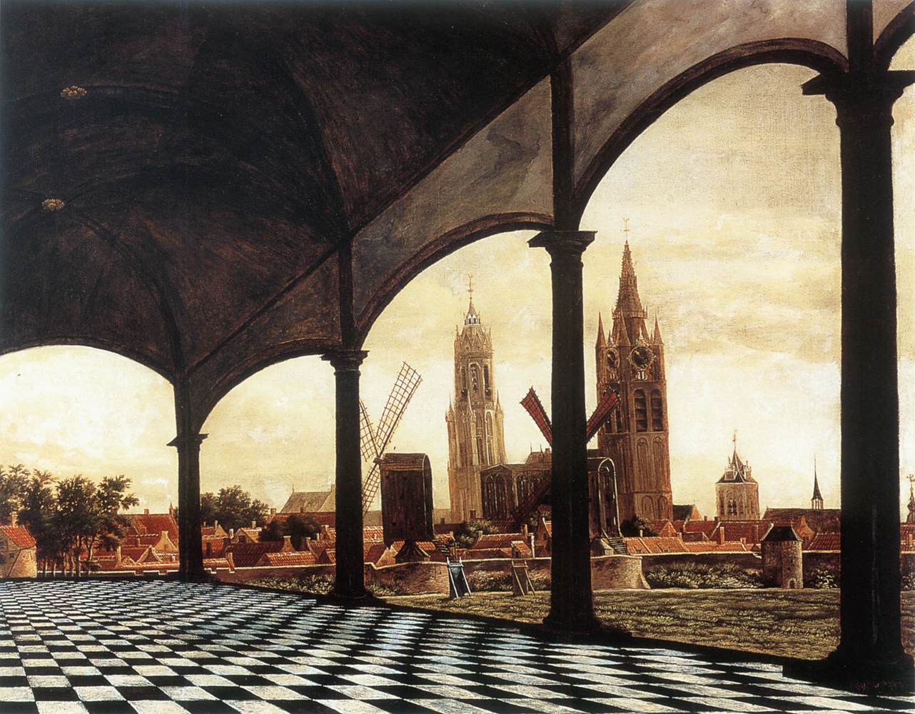 A View of Delft through an Imaginary Loggia, vintage artwork by Daniel Vosmaer, 12x8" (A4) Poster