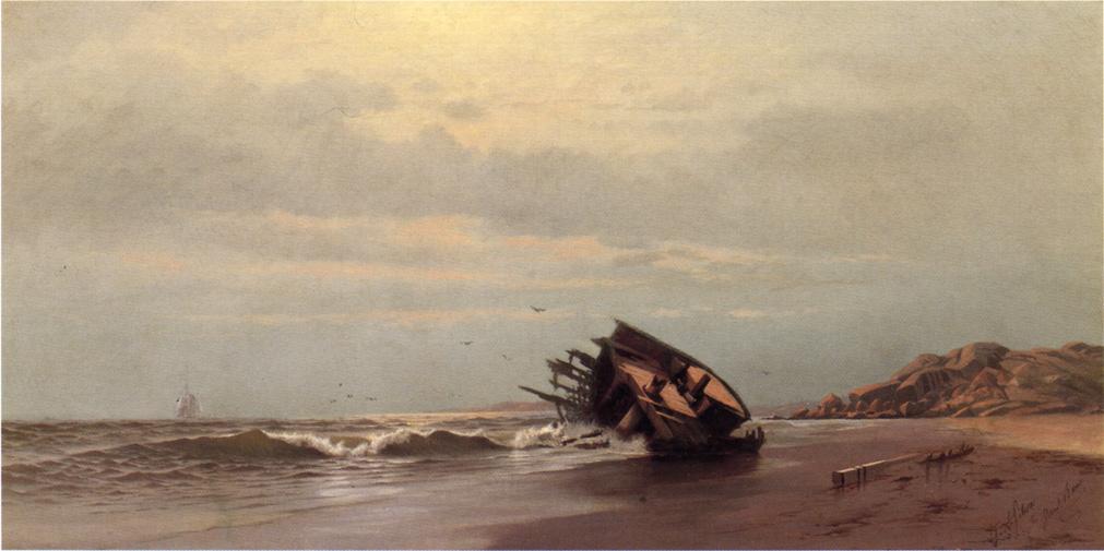 Shipwreck on a Sandy Beach, vintage artwork by Francis A. Silva, 12x8" (A4) Poster