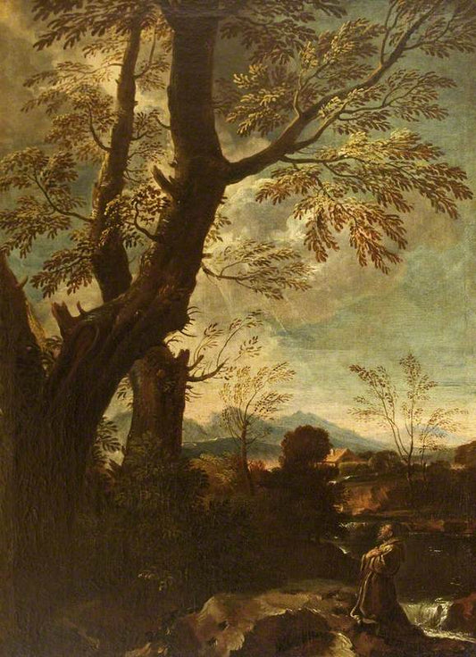 Landscape with the Stigmatisation and Ecstasy of Saint Francis, vintage artwork by Attributed to Pier Francesco Mola, 12x8" (A4) Poster