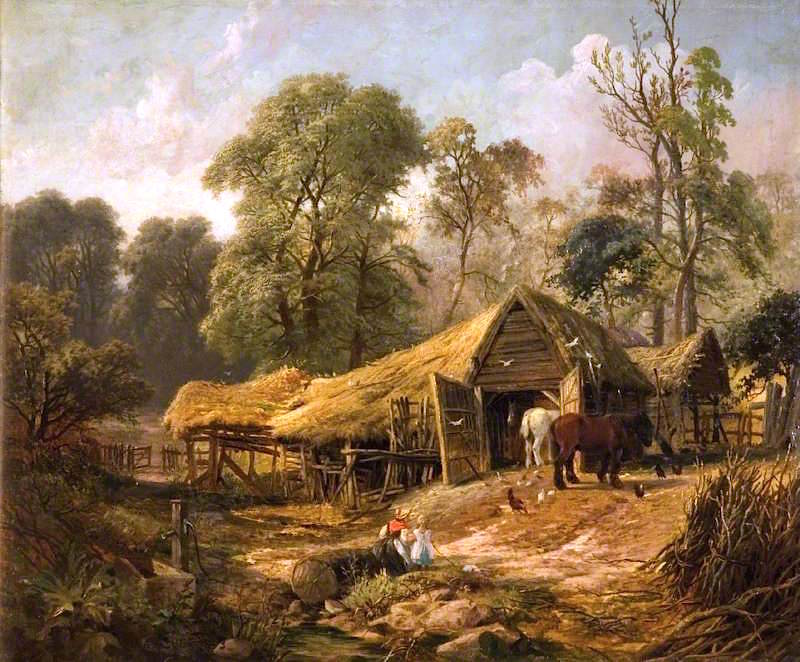 Farmyard with Stables, vintage artwork by Attributed to George Vicat Cole, 12x8" (A4) Poster