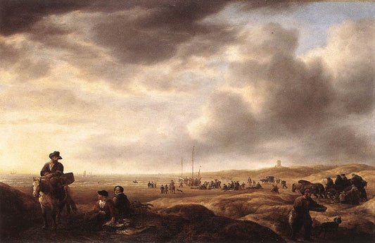 Beach near Scheveningen with Fish-Sellers, vintage artwork by Simon de Vlieger, 12x8" (A4) Poster