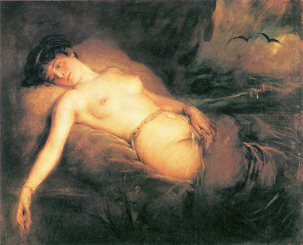 Lying Female Nude, vintage artwork by Franz von Lenbach, 12x8" (A4) Poster