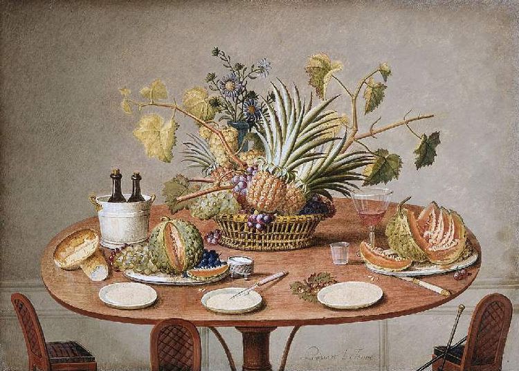 Still-life on a table: cutlery, plates, bread and fruit, vintage artwork by Jean Louis Prevost, 12x8" (A4) Poster