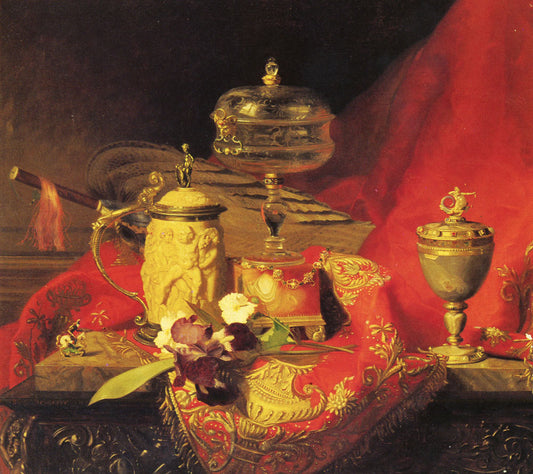 A Still Life With Iris And Urns On A Red Tapestry, vintage artwork by Blaise Alexandre Desgoffe, 12x8" (A4) Poster