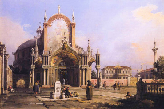 Capriccio of a Round Church with an Elaborate Gothic Portico in a Piazza, a Palladian Piazza and a Gothic Church Beyond, vintage artwork by Canaletto, 12x8" (A4) Poster