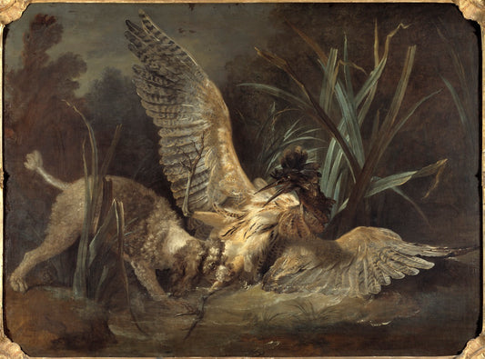 Spaniel Seizing a Bittern, vintage artwork by Jean-Baptiste Oudry, 12x8" (A4) Poster