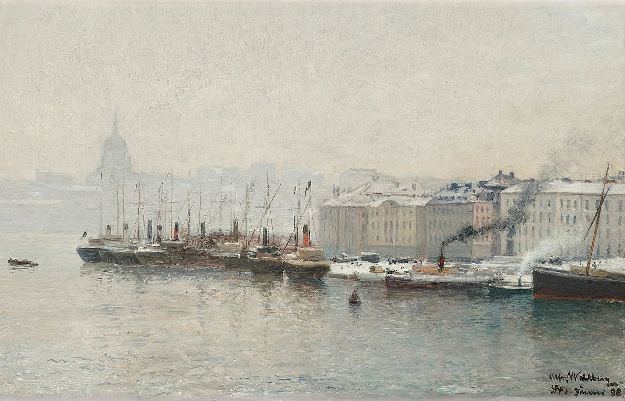 Winter View of Skeppsbron, Stockholm, vintage artwork by Alfred Wahlberg, 12x8" (A4) Poster