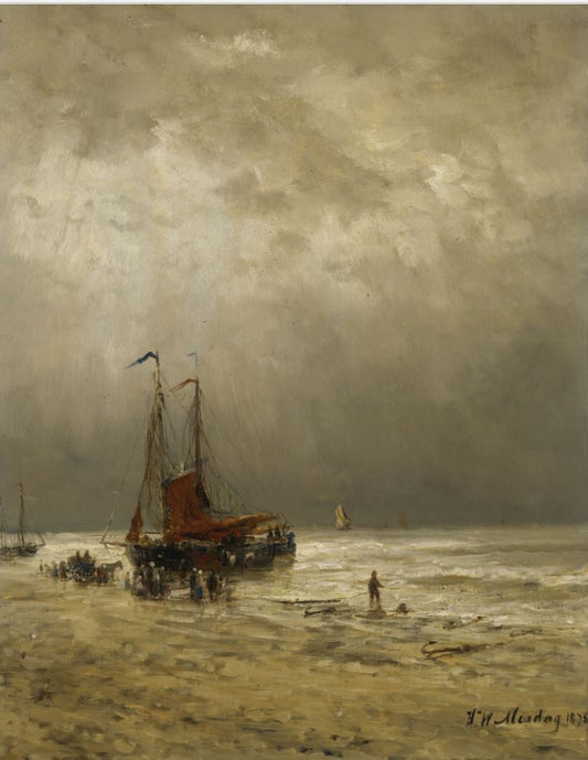 Boats at Anchor with Fisherfolk on the Beach, vintage artwork by Hendrik Willem Mesdag, 12x8" (A4) Poster