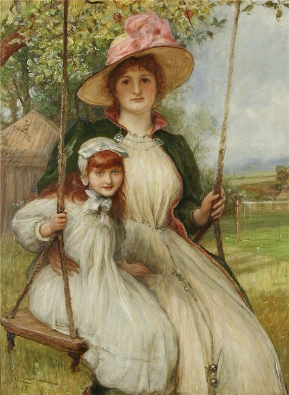 Mother and Daughter on a Swing, vintage artwork by Robert Walker Macbeth, R.A., R.W.S., 12x8" (A4) Poster
