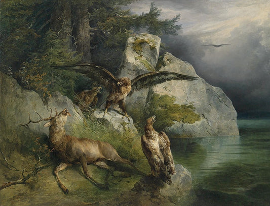 Wounded Stag Among the Eagles, vintage artwork by Friedrich Gauermann, A3 (16x12") Poster Print