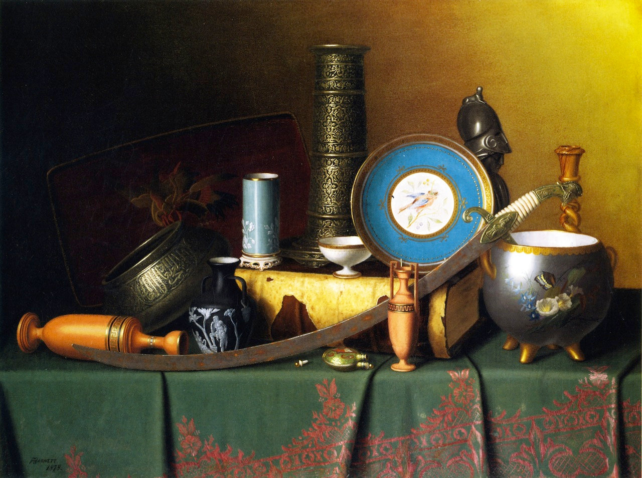 Still Life with Bric-a-Brac, vintage artwork by William Michael Harnett, 12x8" (A4) Poster