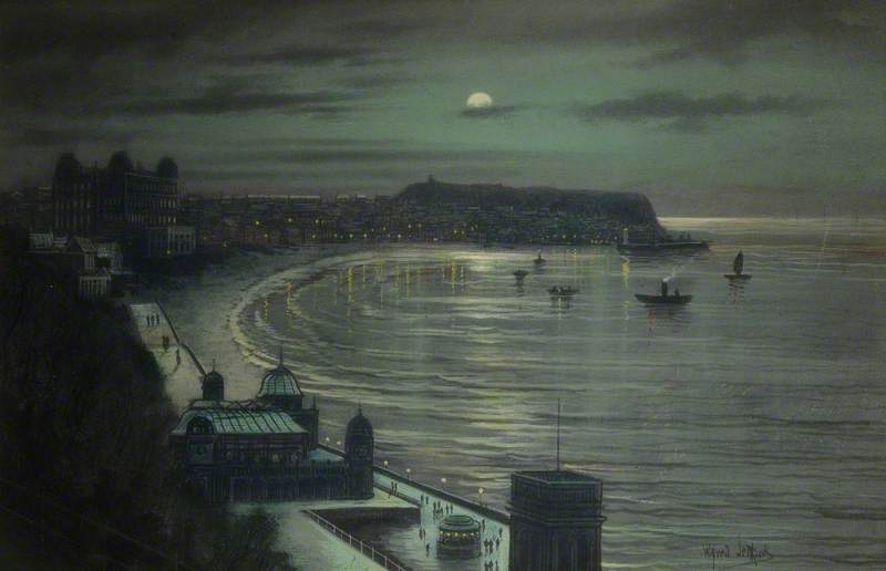 Moonlight Coastal Scene, vintage artwork by Wilfred Jenkins, 12x8" (A4) Poster