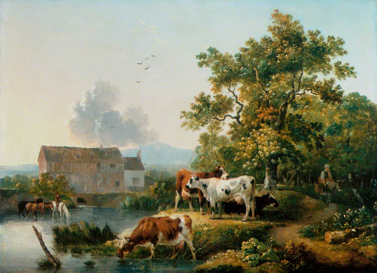 Landscape with Cattle Watering in a Mill Stream, vintage artwork by Philippe-Jacques de Loutherbourg, 12x8" (A4) Poster