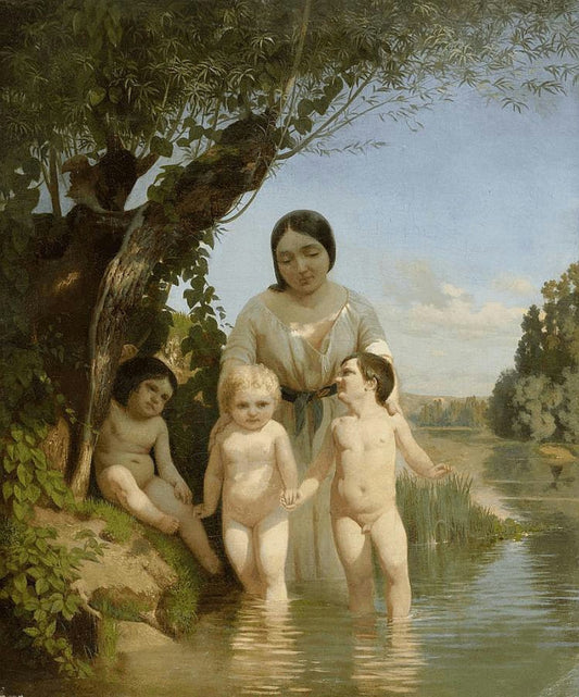 Mother with Three Children by  a River, vintage artwork by Ludwig Knaus, 12x8" (A4) Poster