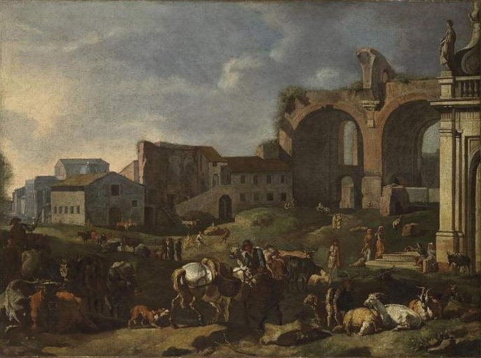 Campo Vaccino with the Basilica of Maxentius, vintage artwork by Pieter van Bloemen, 12x8" (A4) Poster